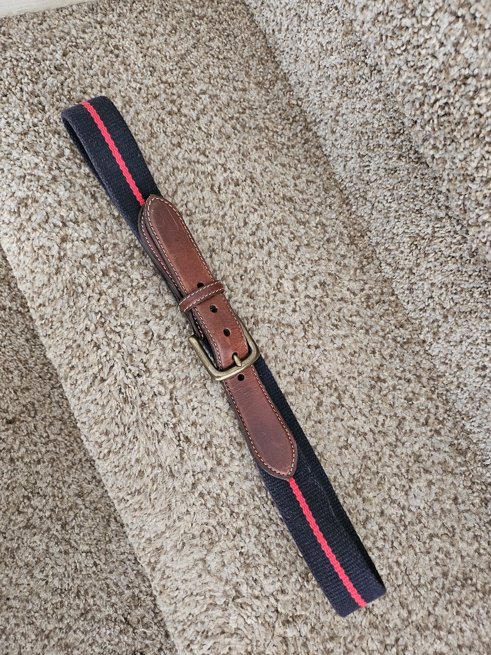 Orvis Dark Navy Blue Cotton Web Belt with Red Stripe and Brown Leather 34
